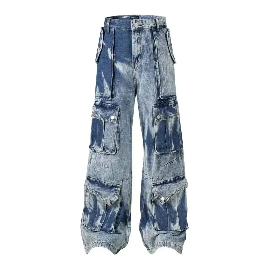 Street Retro Washed Distressed Tie-dye Multi-pocket Denim Trouser Unisex Baggy Cargo Denim Jeans Pants