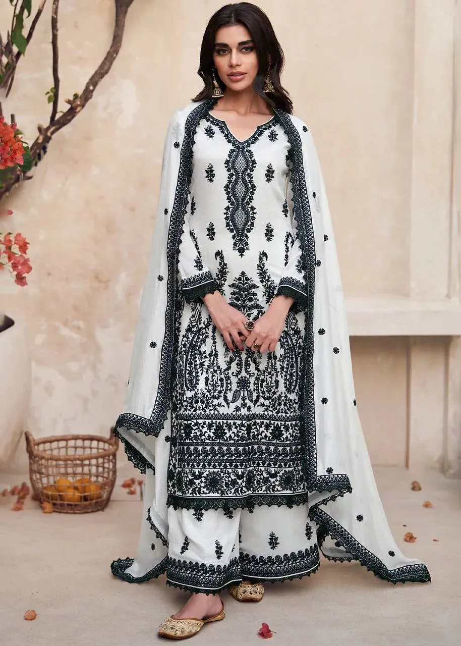 Stunning Black and White Chinon Embroidered Palazzo Suit