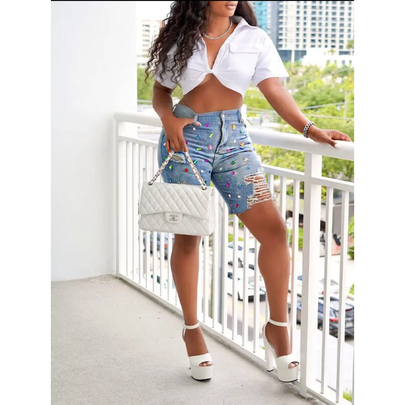 Summer Fashion Distressed Bermuda Denim Shorts