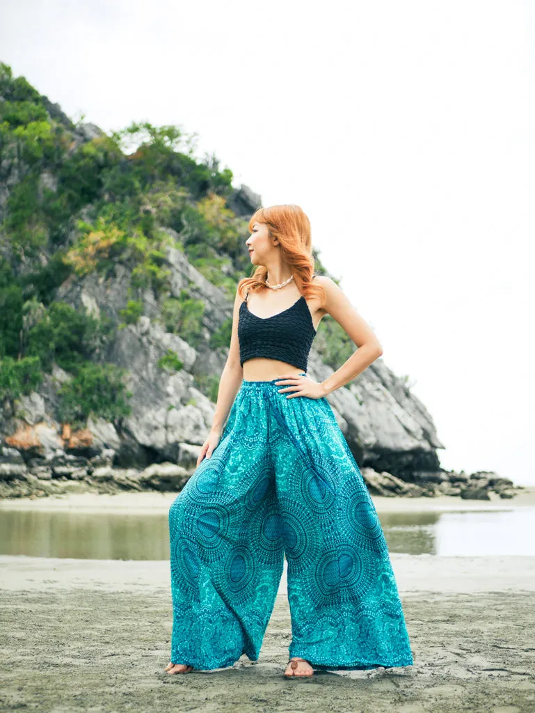 Turquoise Teal Mandala Floral Wide Leg Palazzo Pants