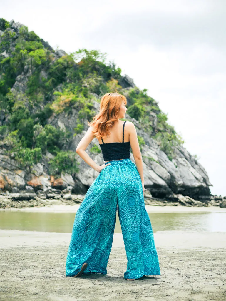 Turquoise Teal Mandala Floral Wide Leg Palazzo Pants