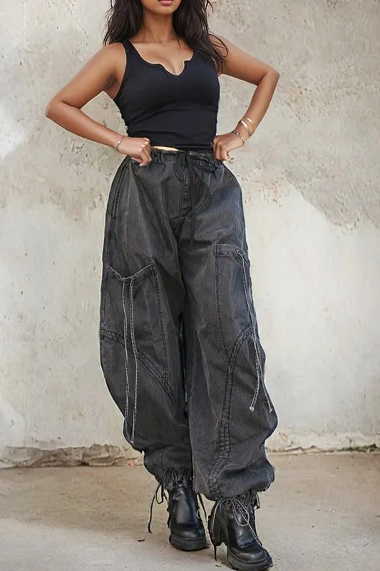 Urban Chic Drawstring Denim Cargo Pants