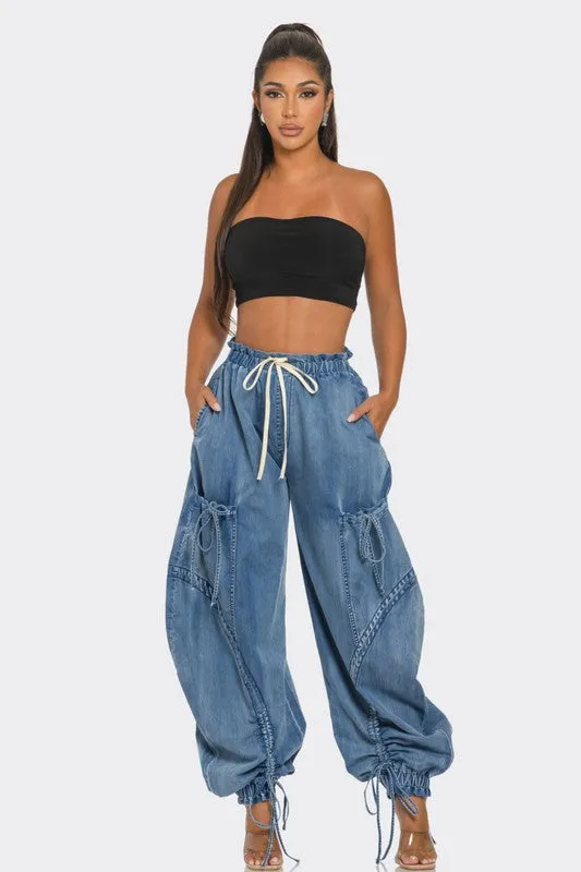 Urban Chic Drawstring Denim Cargo Pants