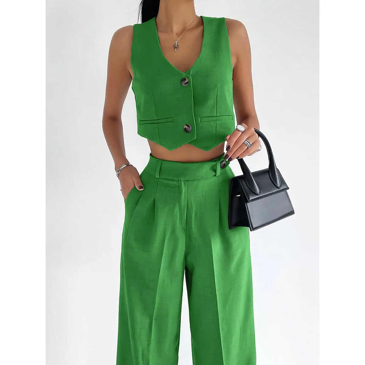 V-Neck Sleeveless Top Straight pants Suit