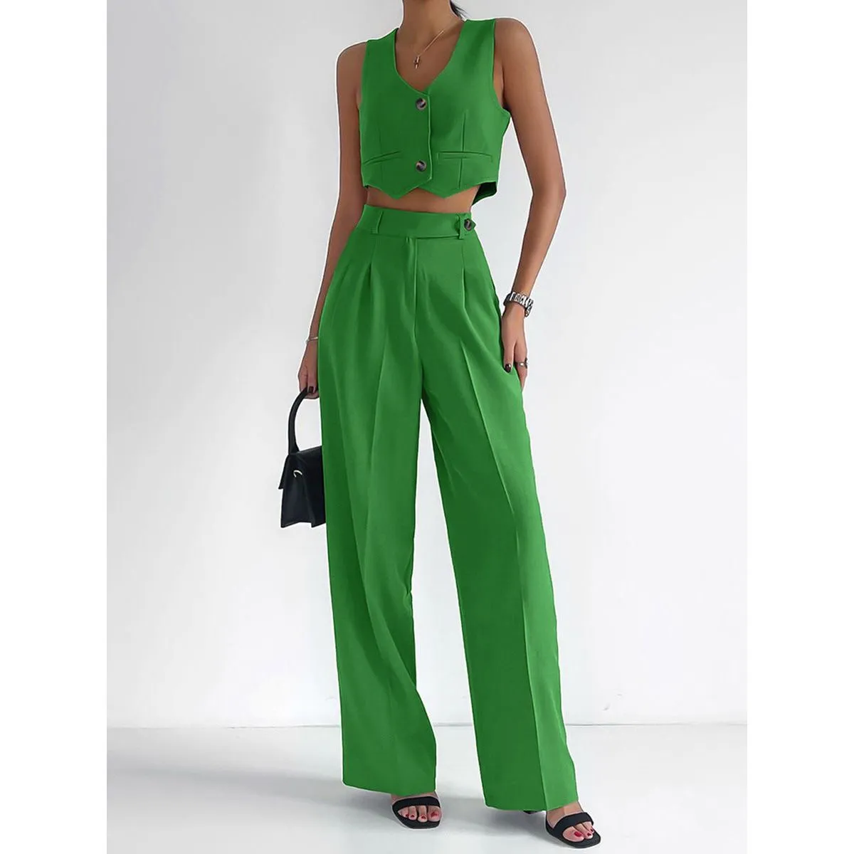 V-Neck Sleeveless Top Straight pants Suit