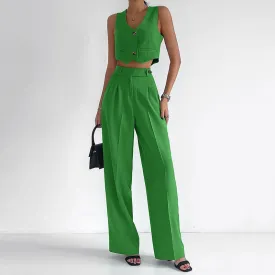 V-Neck Sleeveless Top Straight pants Suit