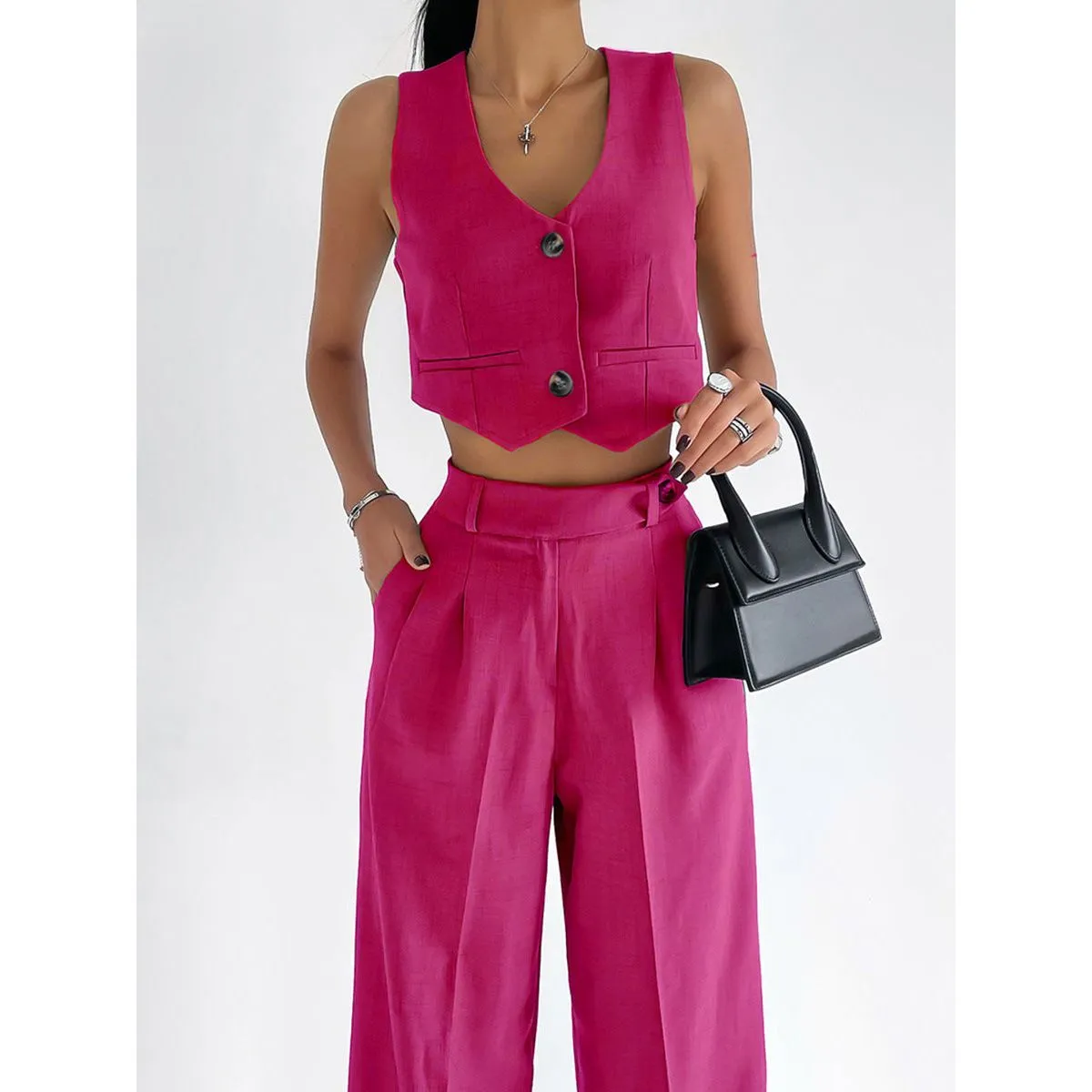 V-Neck Sleeveless Top Straight pants Suit