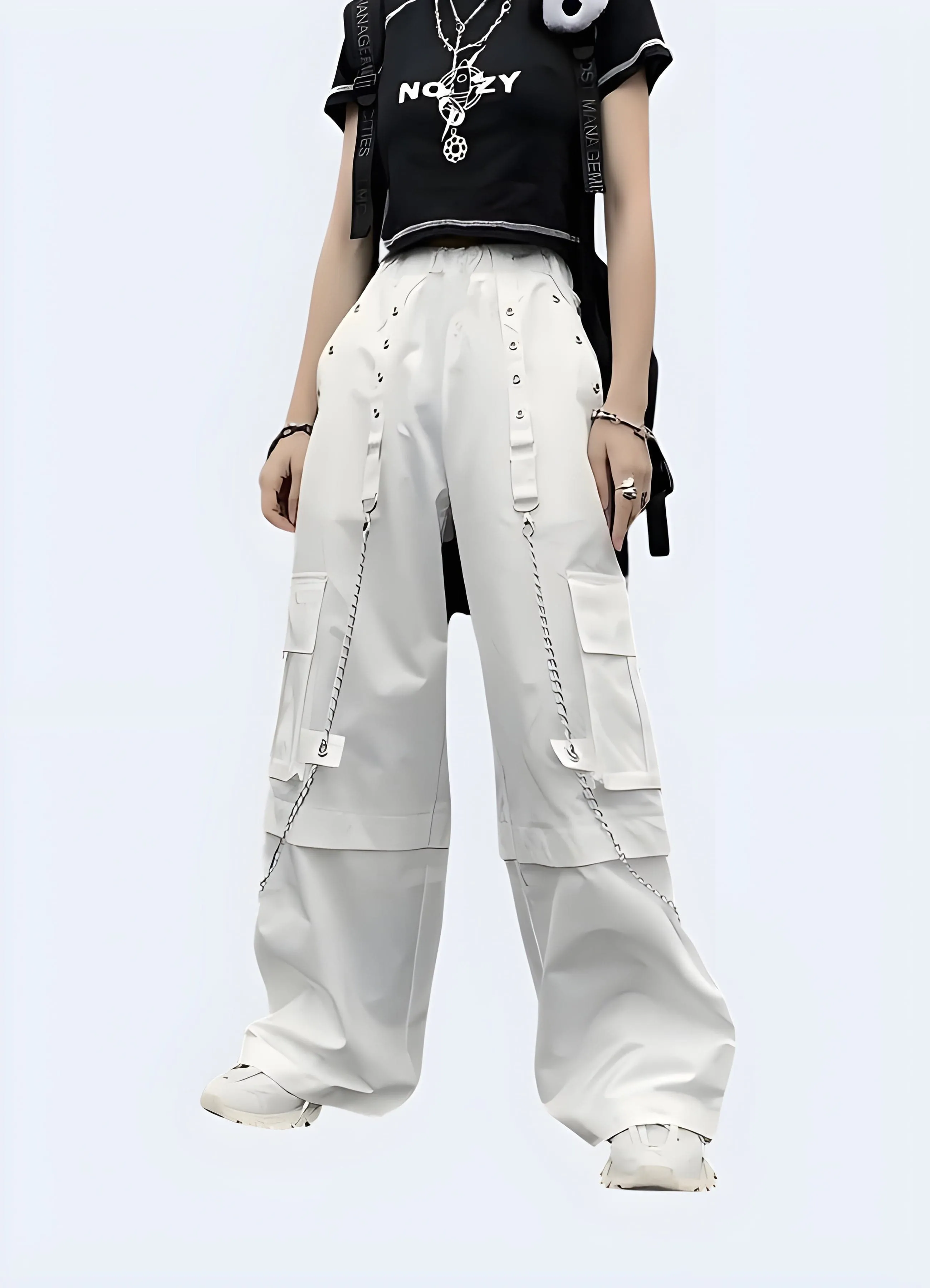 White Cargo Pants with Chains