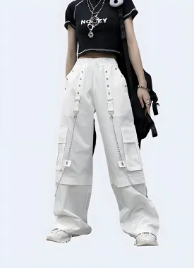 White Cargo Pants with Chains