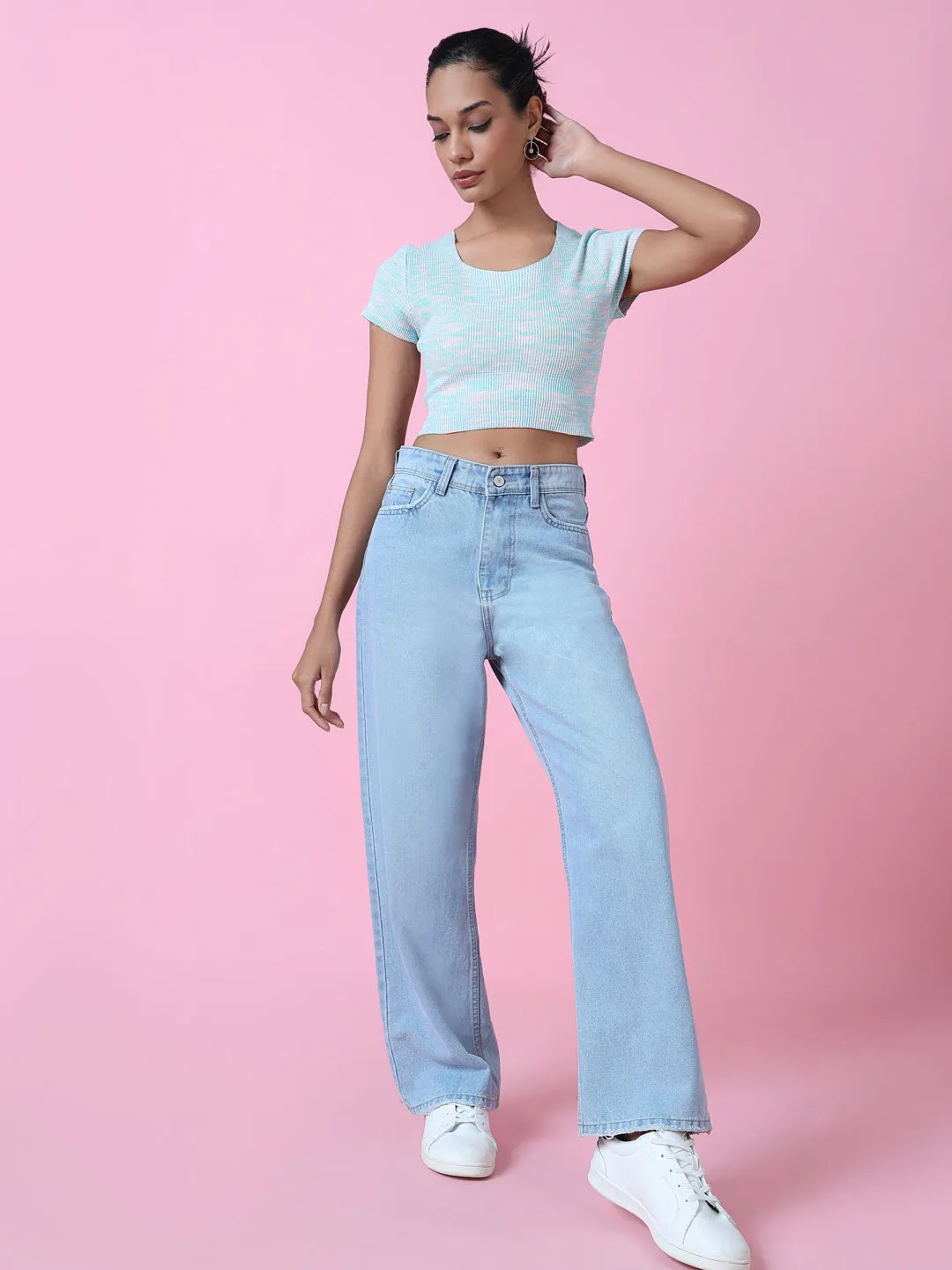 Women Blue Solid Crop Top