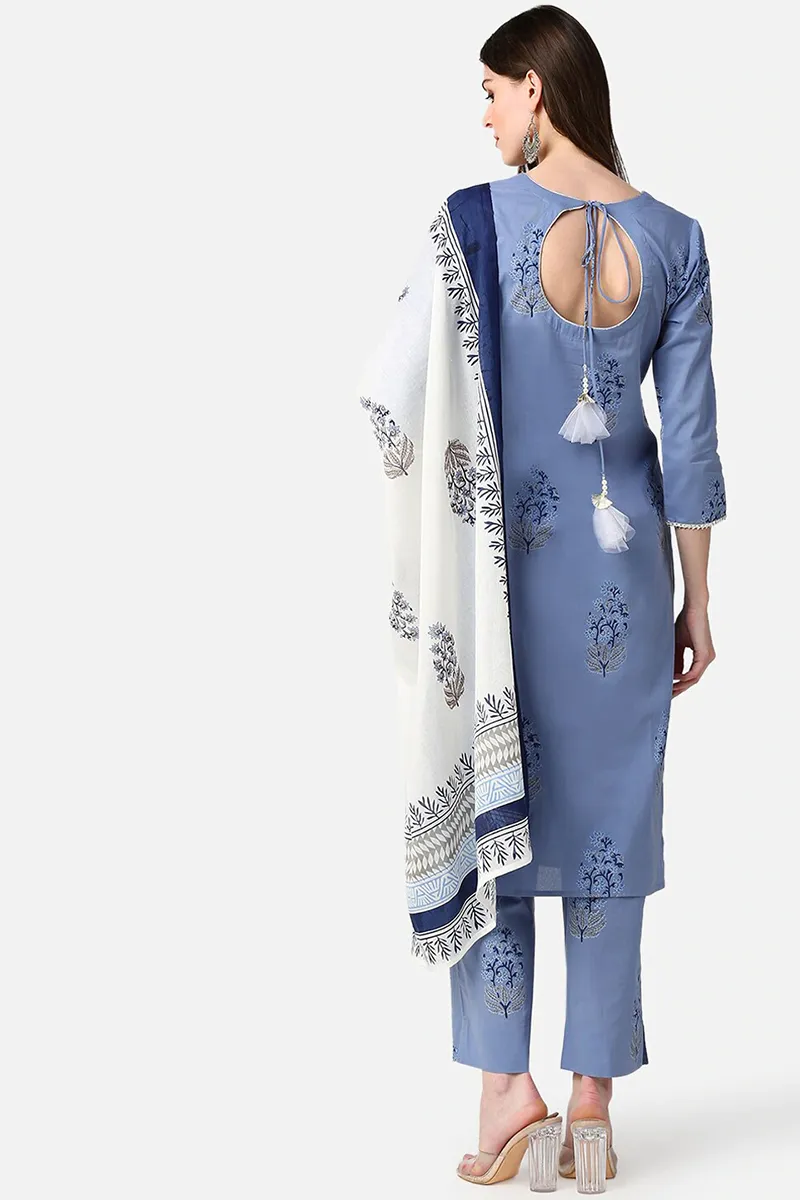 Women Cotton Blue Ethnic Motifs Printed Straight Kurta Palazzo Dupatta Set