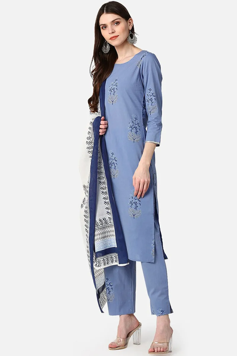 Women Cotton Blue Ethnic Motifs Printed Straight Kurta Palazzo Dupatta Set