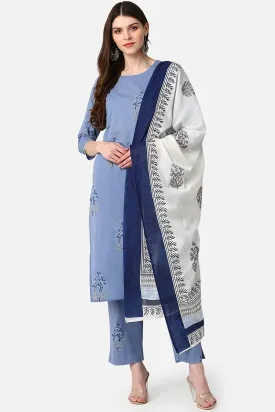 Women Cotton Blue Ethnic Motifs Printed Straight Kurta Palazzo Dupatta Set