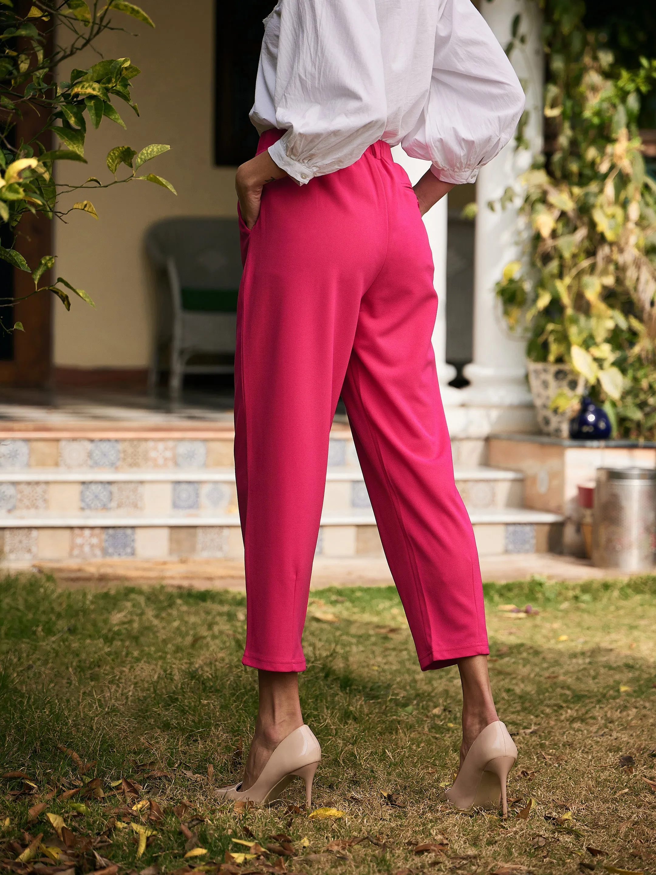 Women Fuchsia Stretch Knit Tapered Pants