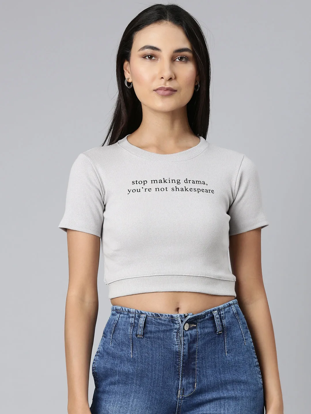 Women Grey Typographic Crop Slim Fit Tshirt