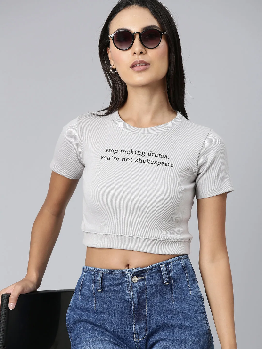 Women Grey Typographic Crop Slim Fit Tshirt