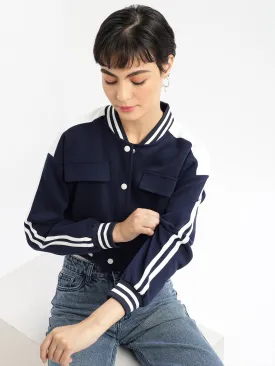 Women Navy Blue Crop Varsity Jacket