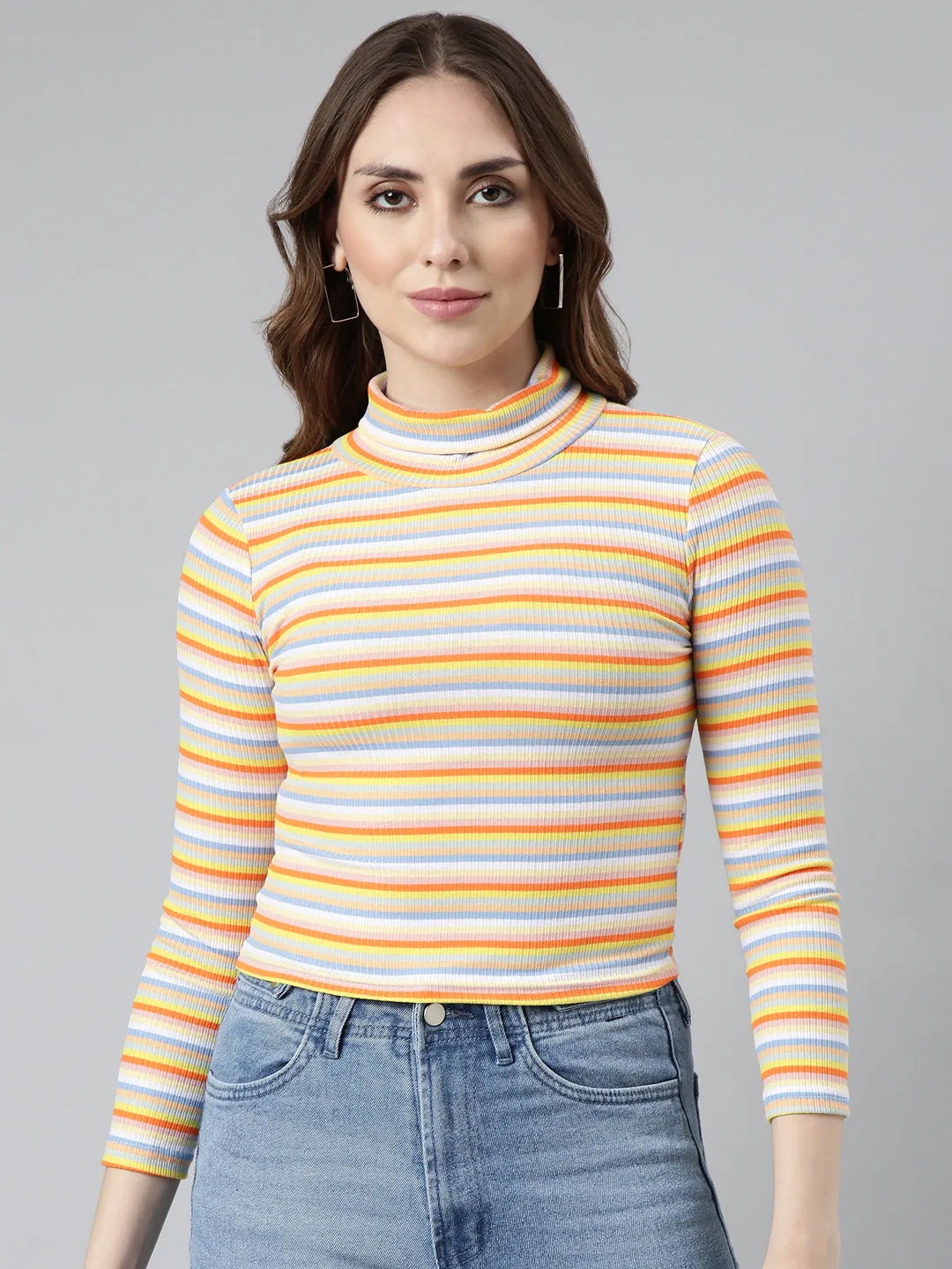 Women Orange Horizontal Stripes Fitted Crop Top