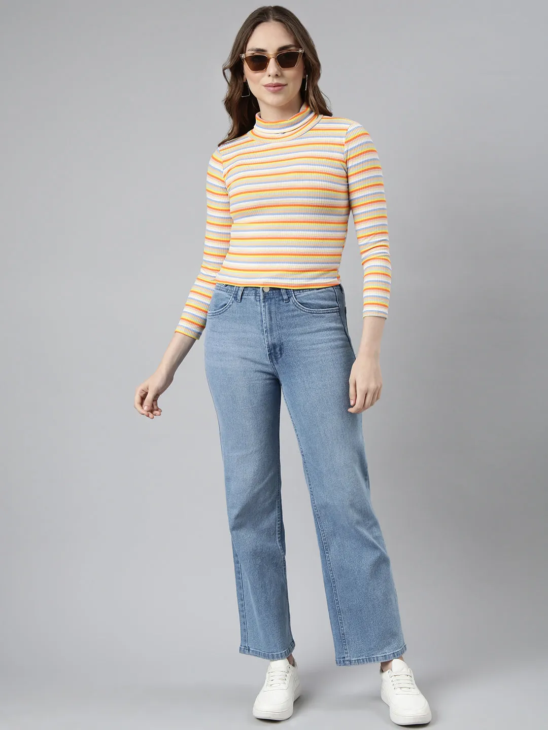 Women Orange Horizontal Stripes Fitted Crop Top