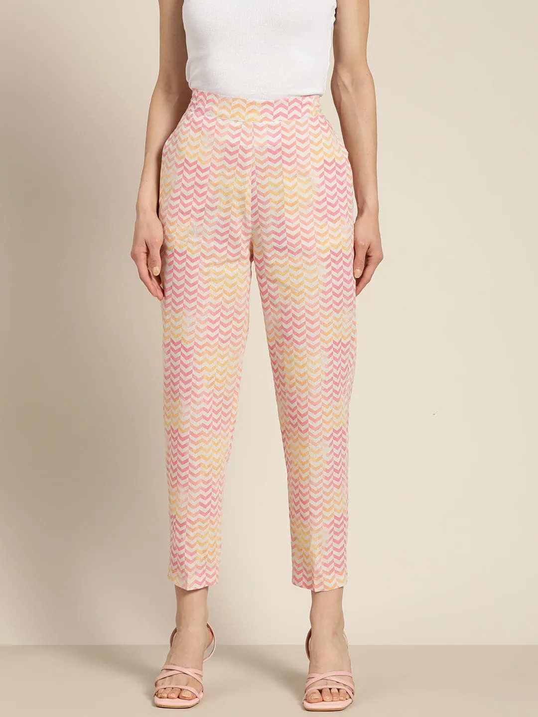 Women Pink Chevron Sustainable Straight Pants