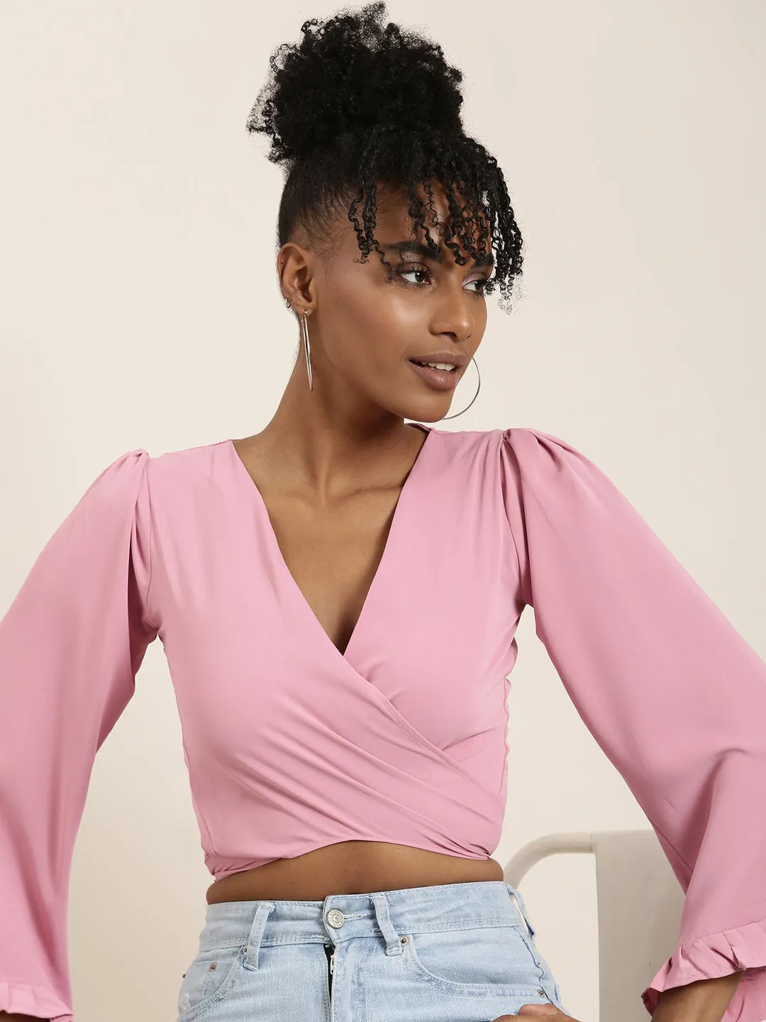 Women Pink Solid Wrap Crop Top