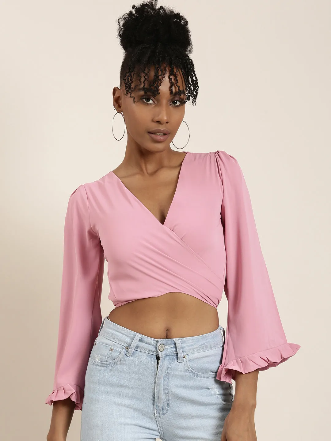 Women Pink Solid Wrap Crop Top