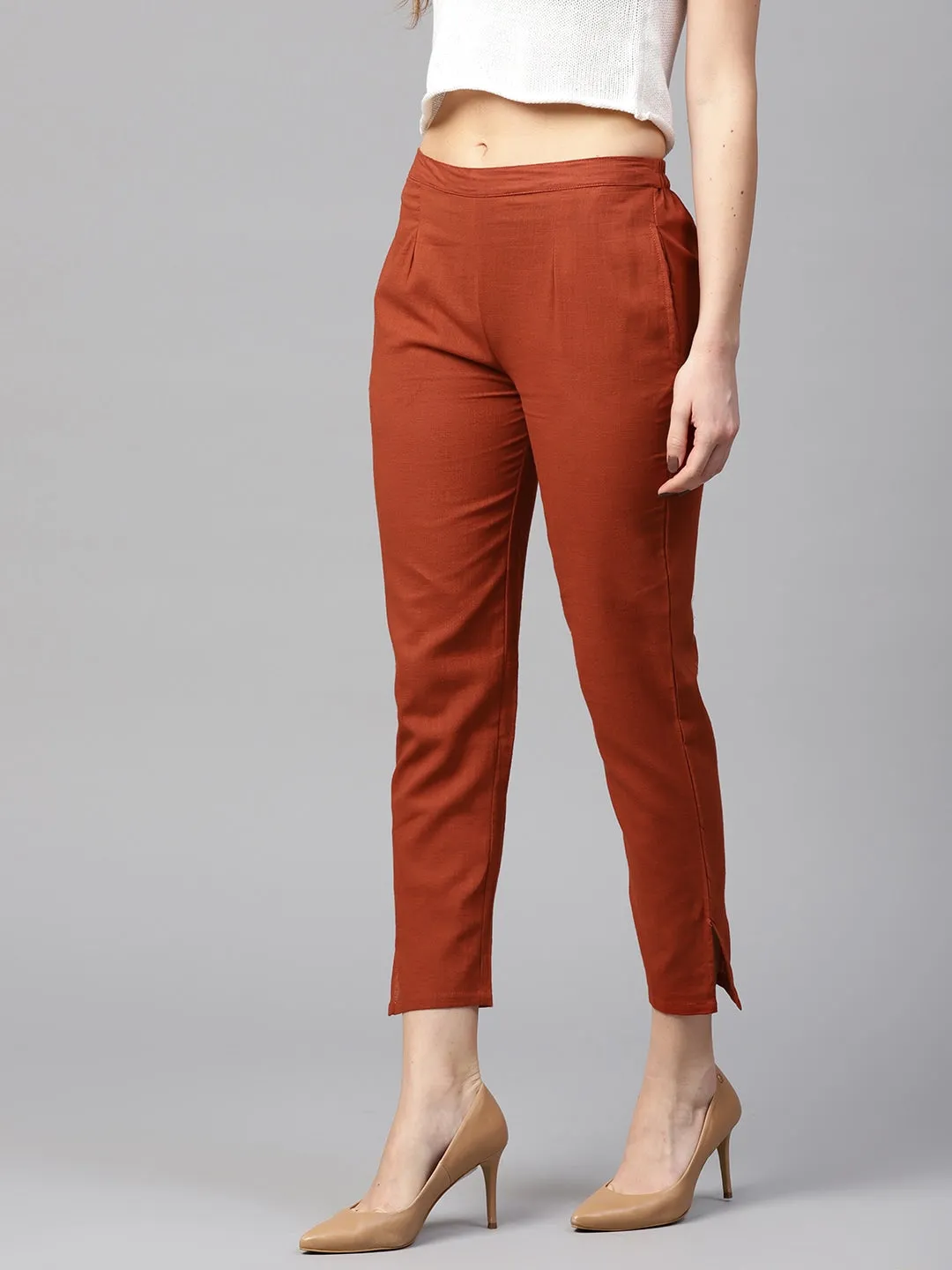 Women Red Solid Trousers