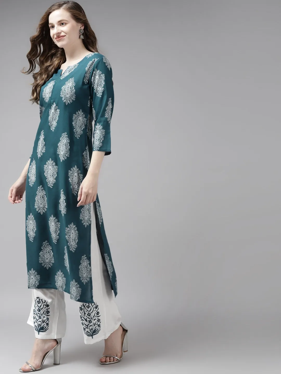 Women Teal Green & Offwhite Printed Dupatta Set