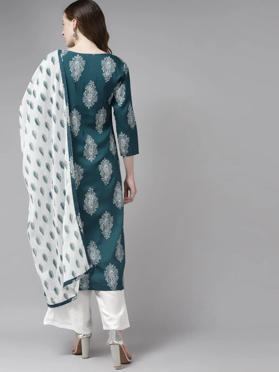 Women Teal Green & Offwhite Printed Dupatta Set