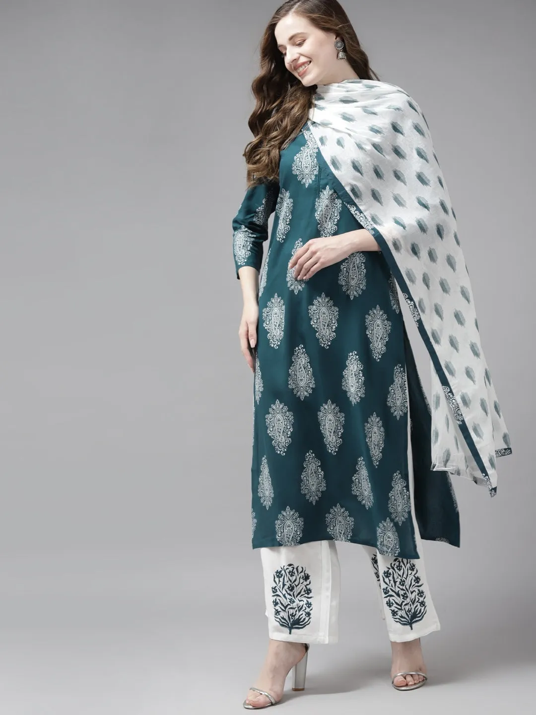 Women Teal Green & Offwhite Printed Dupatta Set