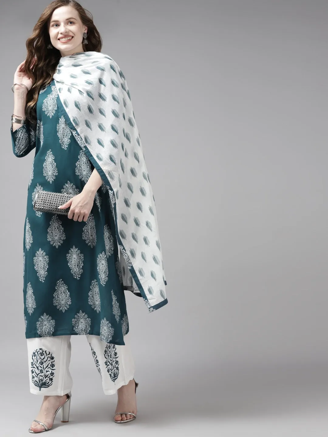 Women Teal Green & Offwhite Printed Dupatta Set