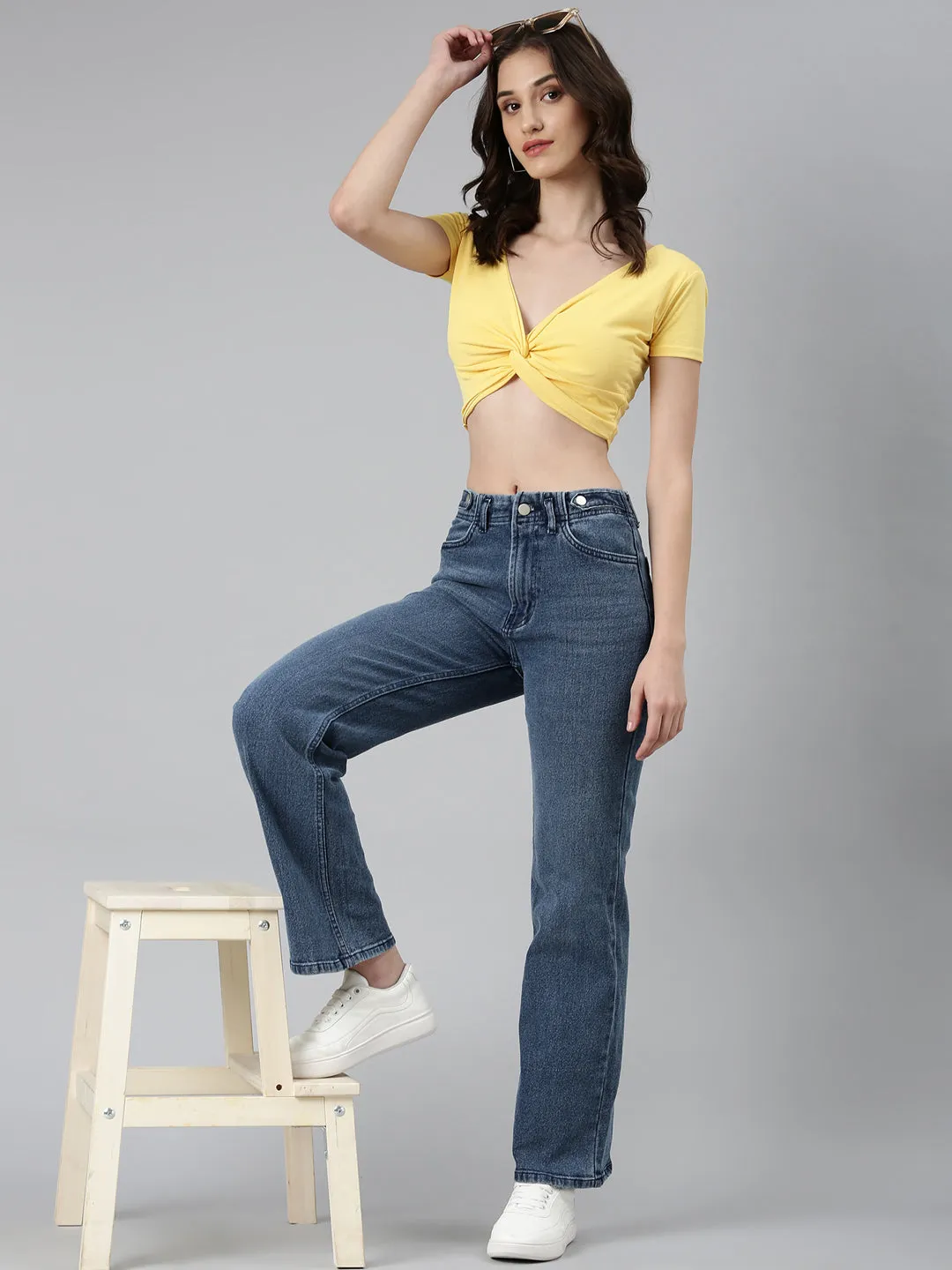 Women Yellow Solid Blouson Crop Top