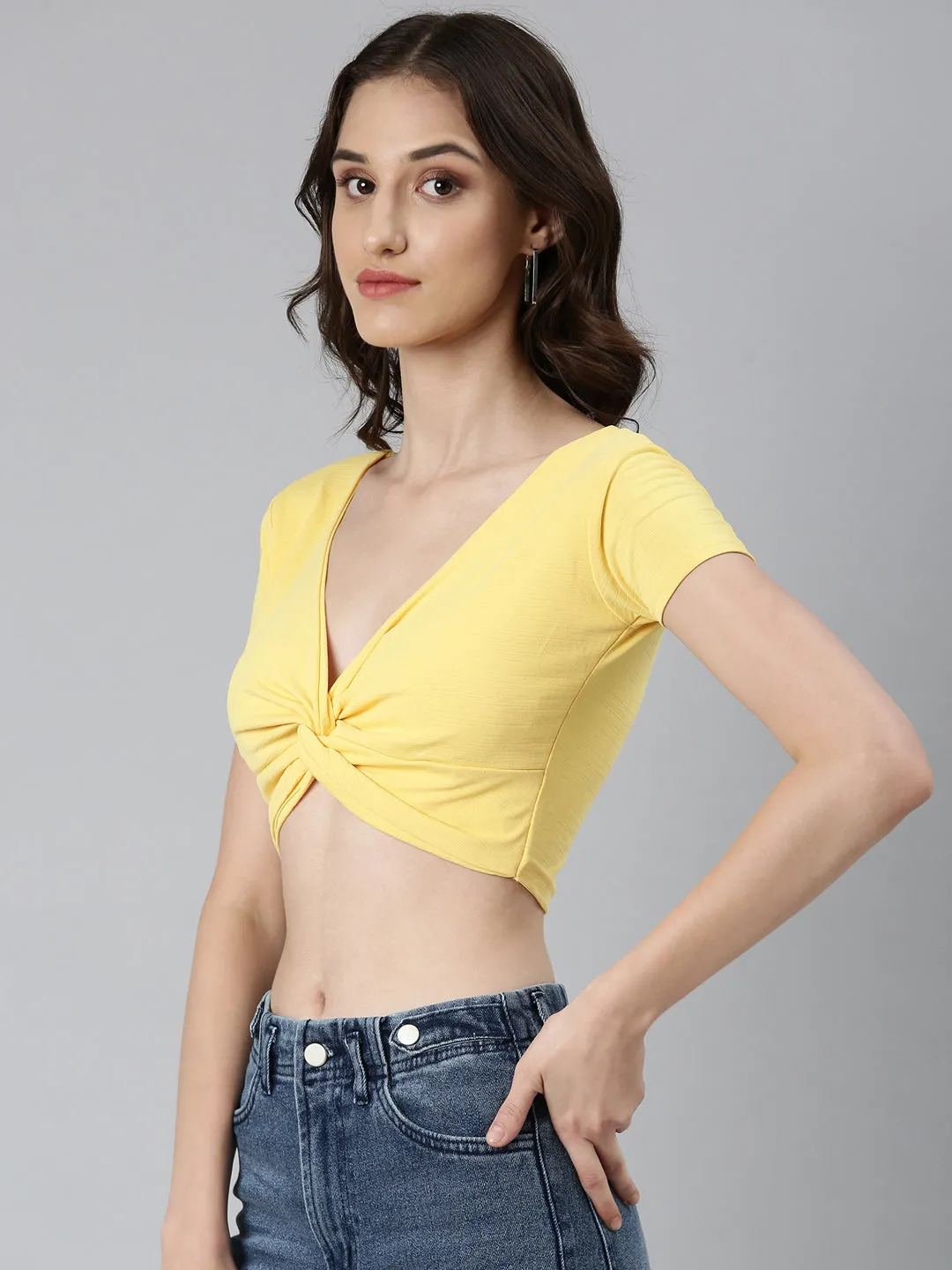 Women Yellow Solid Blouson Crop Top