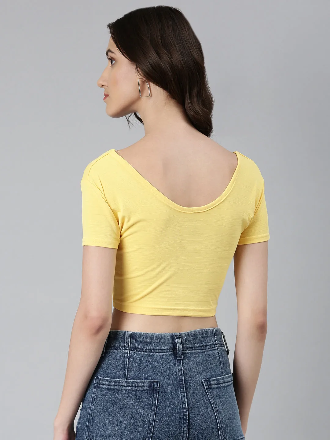 Women Yellow Solid Blouson Crop Top