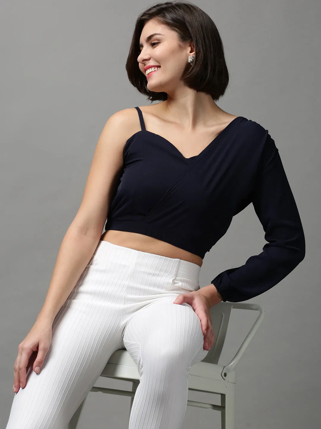 Women's Blue Solid Crop Top