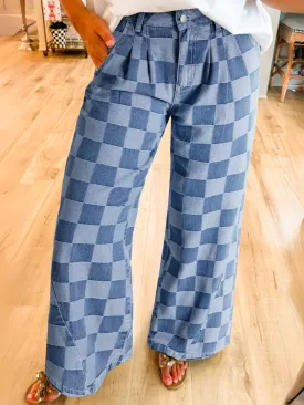 Womens  Dusk Blue Checkered Denim Wide Leg Jeans