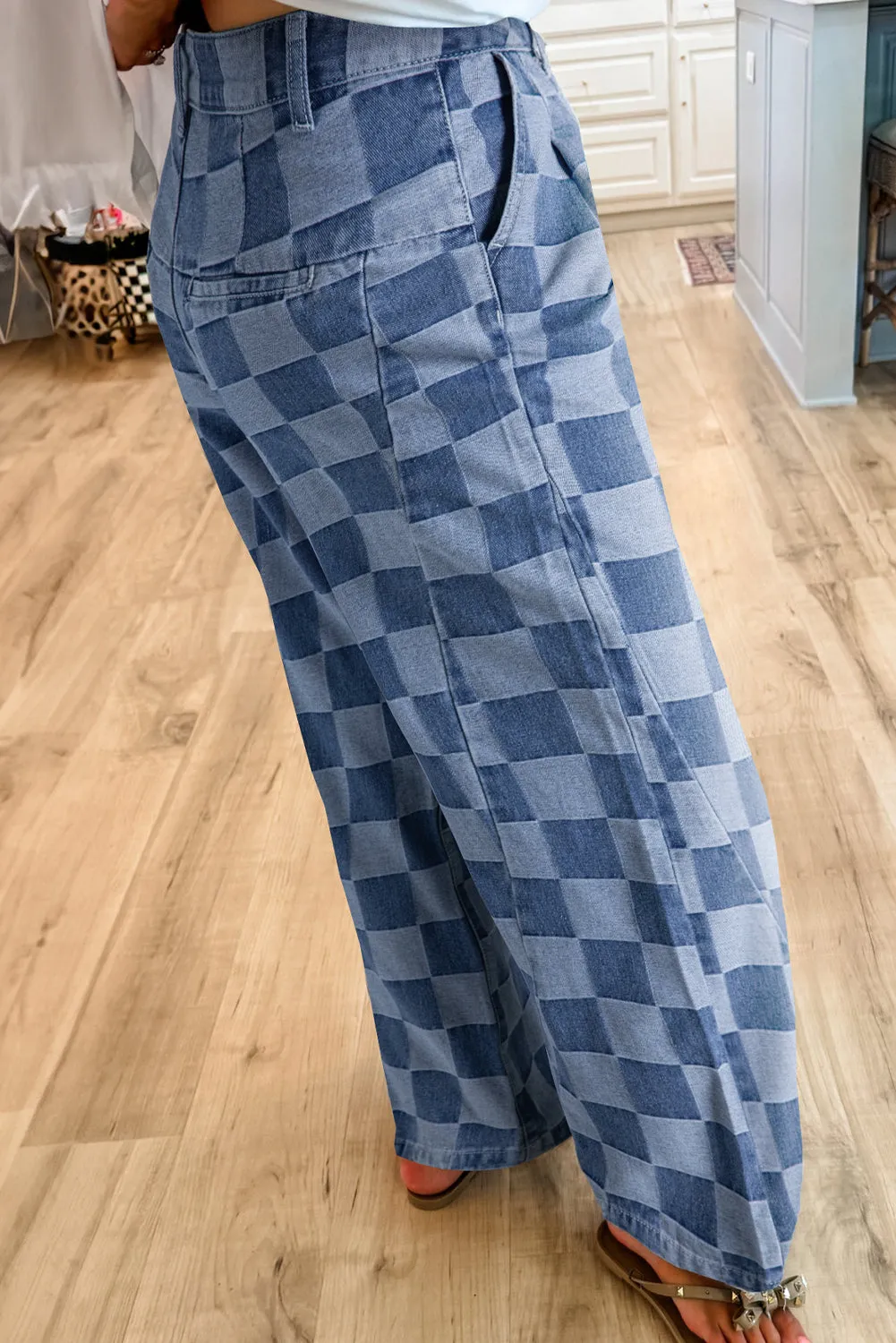 Womens  Dusk Blue Checkered Denim Wide Leg Jeans