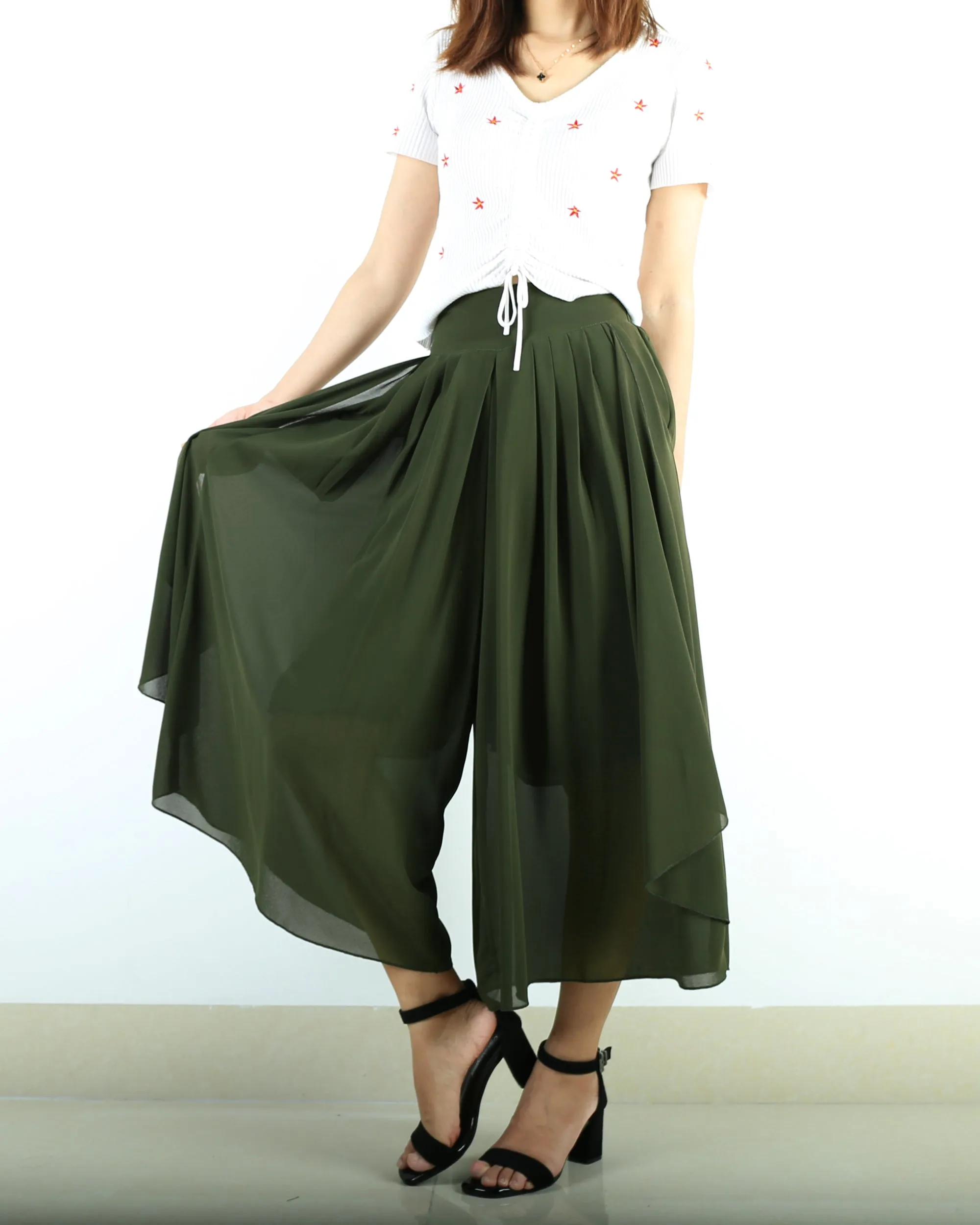 Women's elastic waist skirt pants/wide leg trousers/chiffon yoga skirt pants/oversized pants(K1710)