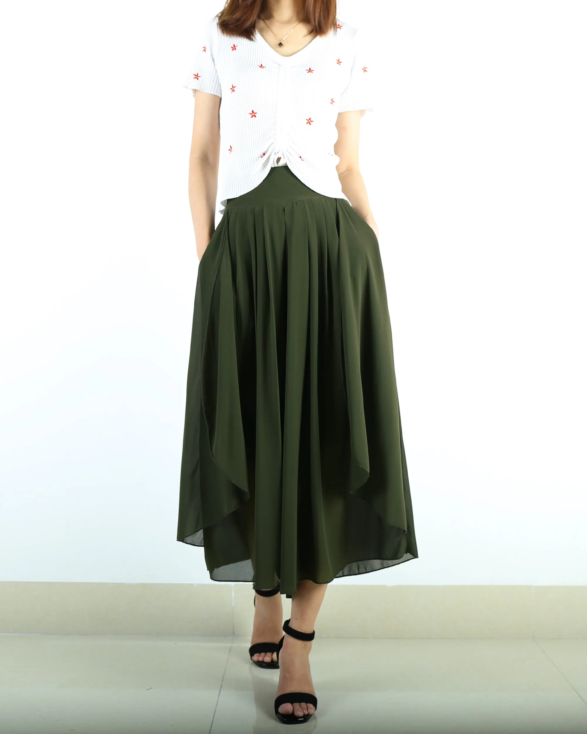 Women's elastic waist skirt pants/wide leg trousers/chiffon yoga skirt pants/oversized pants(K1710)