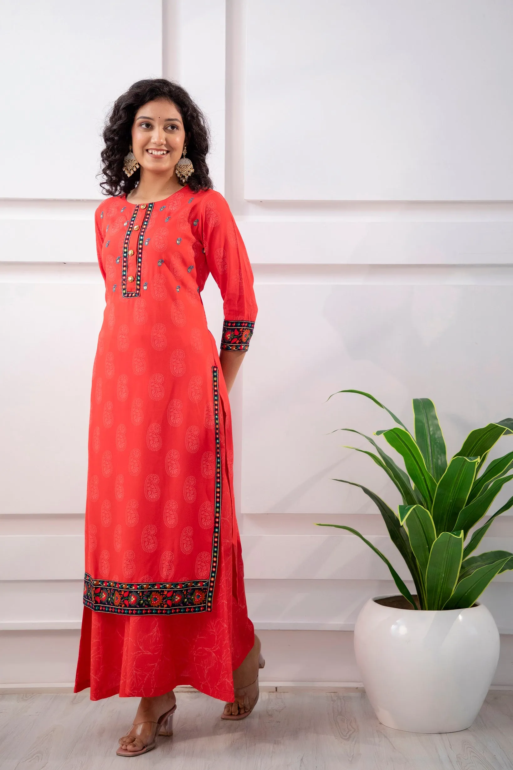 Women's Rayon Red Straight Kurta and Palazzo Set