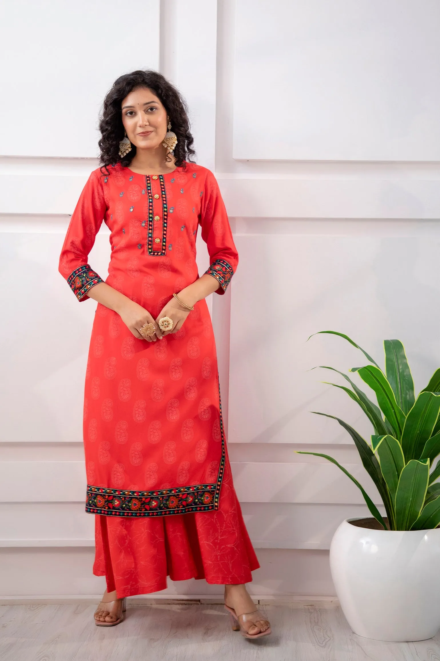 Women's Rayon Red Straight Kurta and Palazzo Set