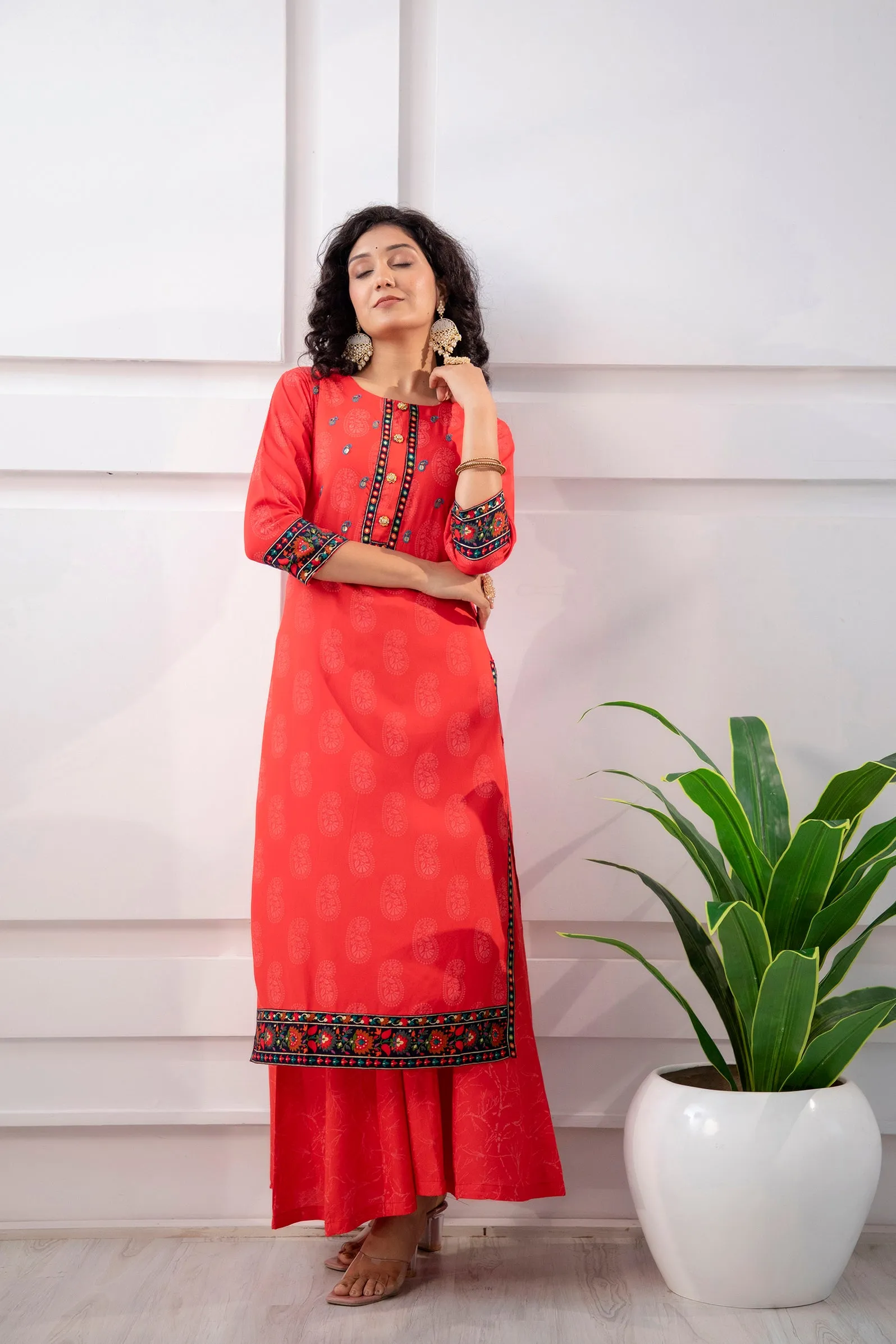 Women's Rayon Red Straight Kurta and Palazzo Set