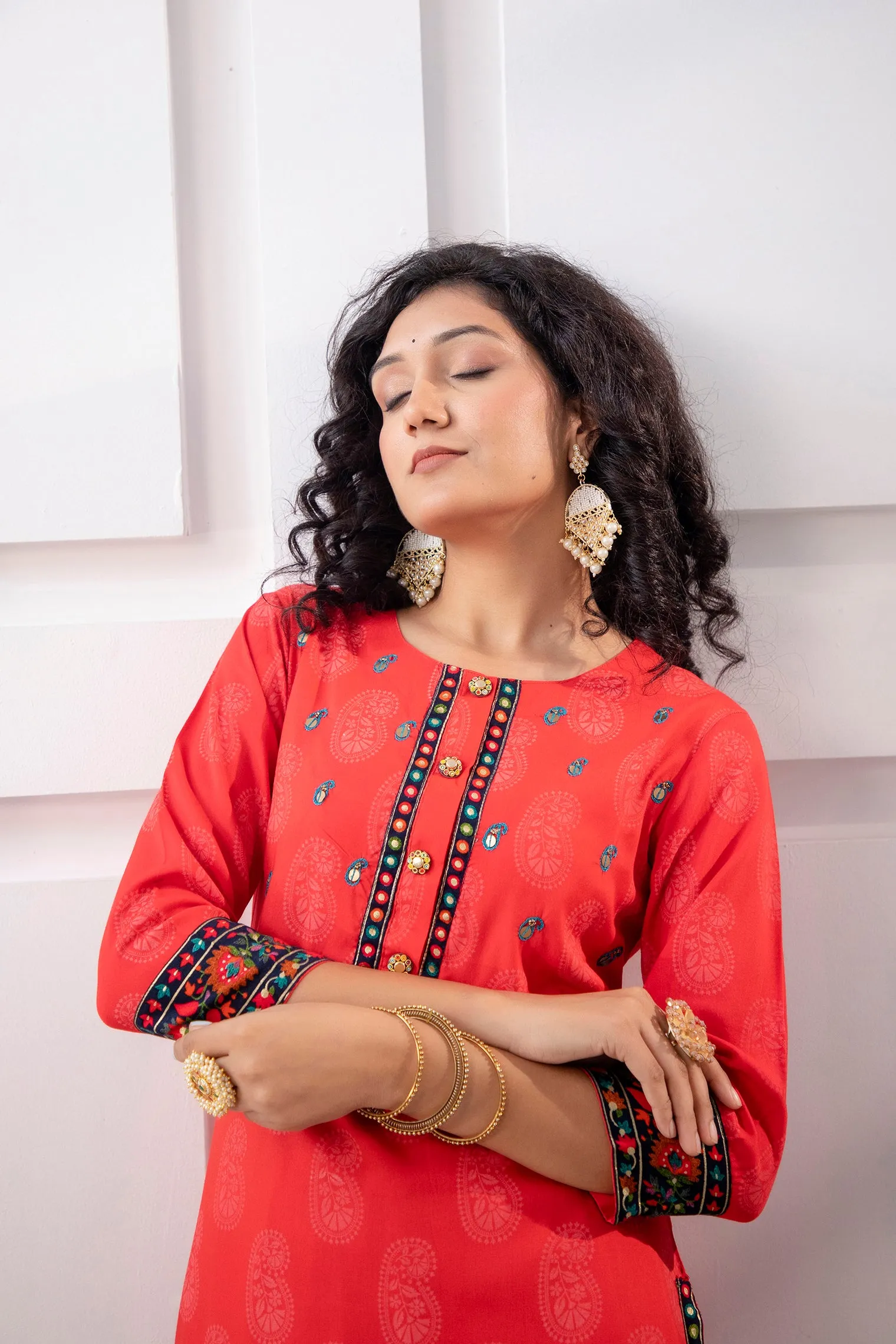 Women's Rayon Red Straight Kurta and Palazzo Set