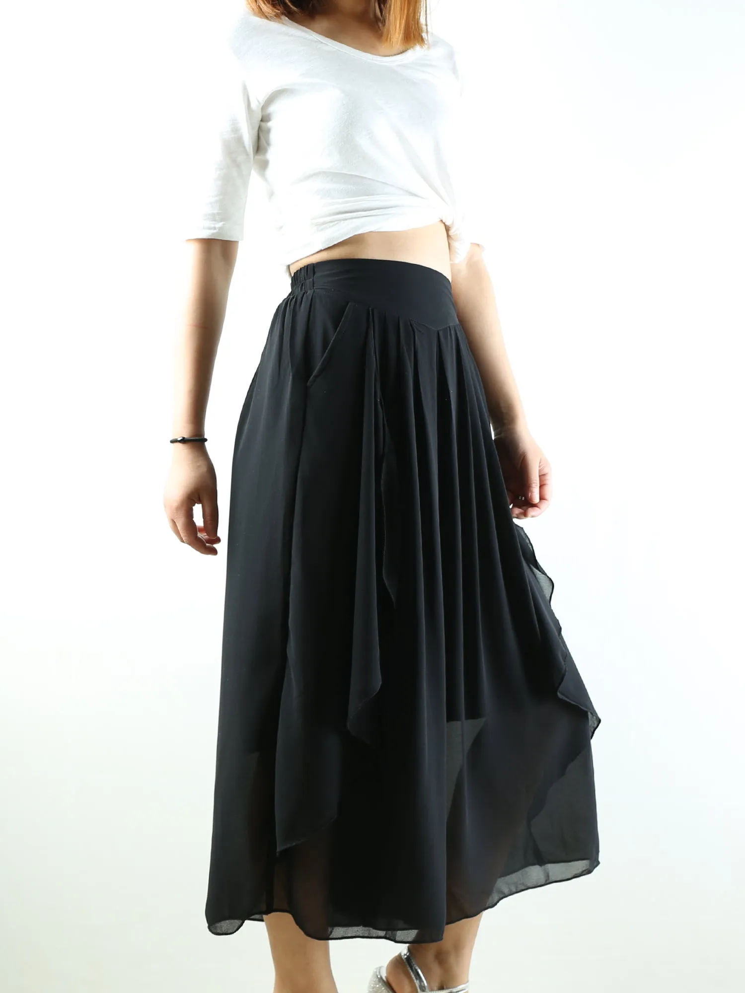 Women's wide leg trousers/chiffon yoga skirt pants/oversized pants/elastic waist pants(K1710)