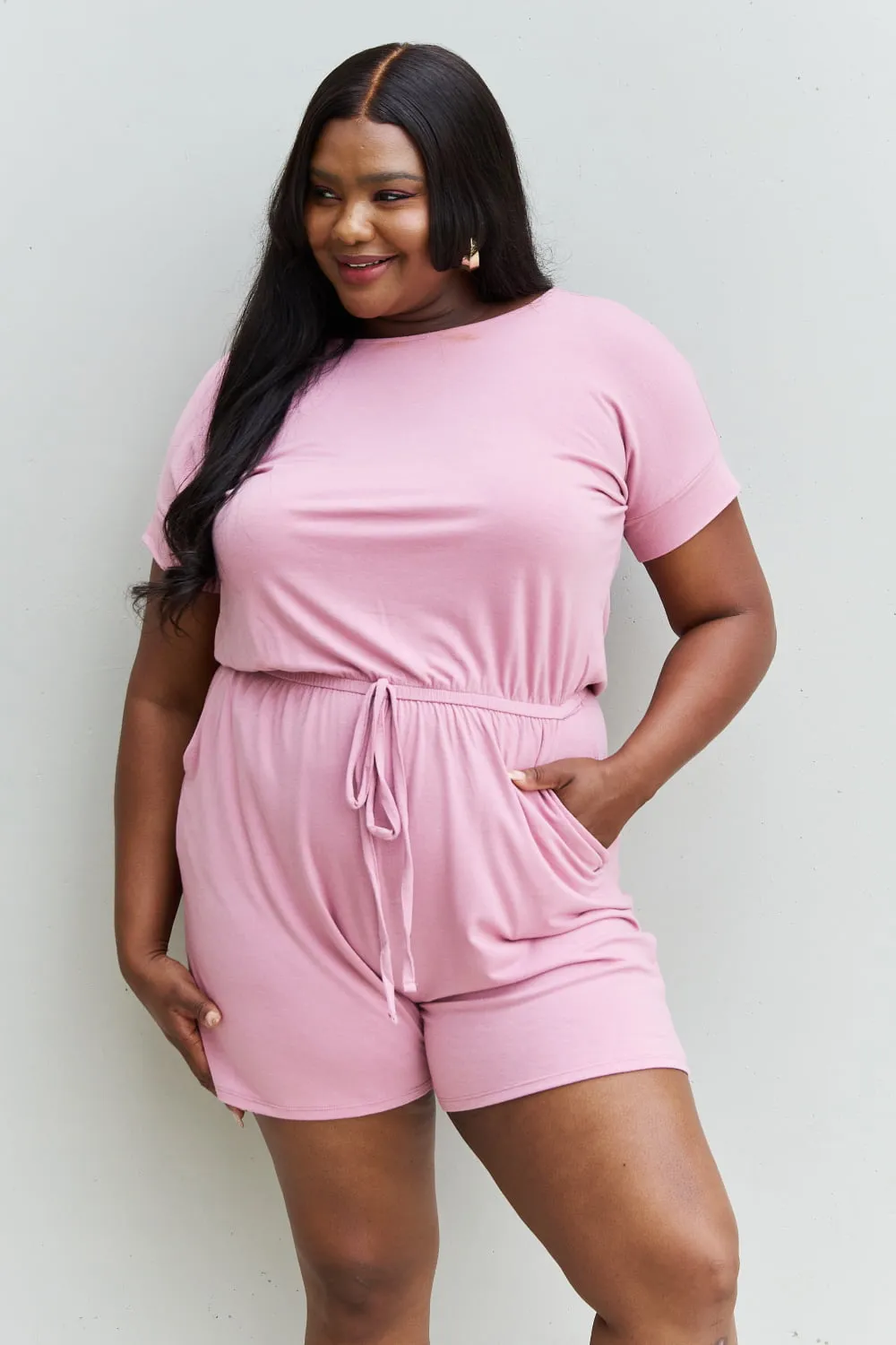 ZENANA Chilled Out Full Size Short Sleeve Romper in Light Carnation Pink