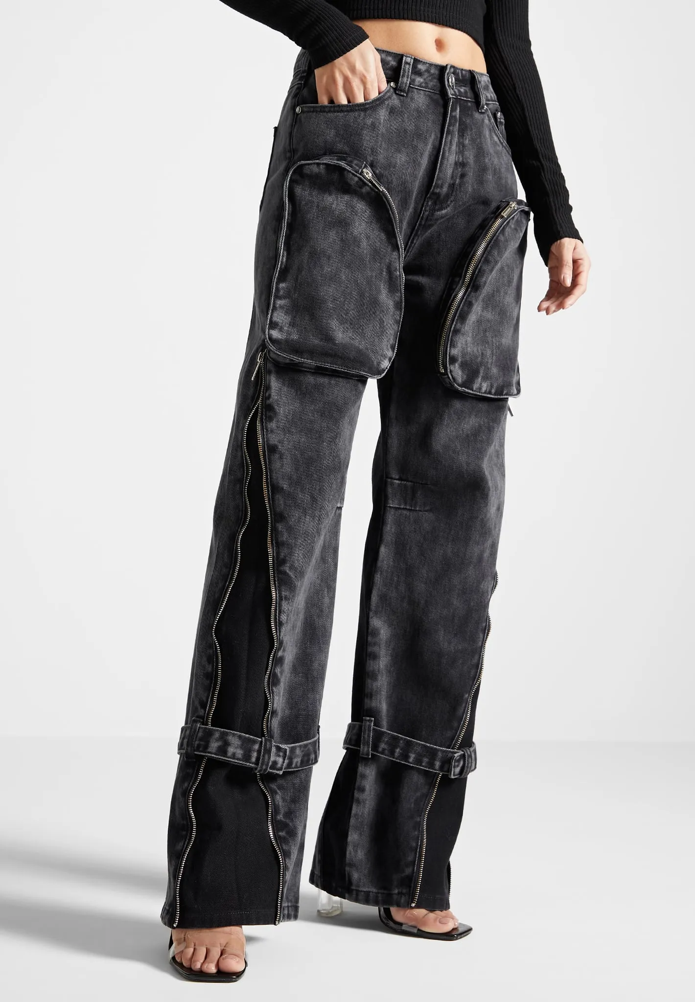 Zip Detail Denim Cargo Pants - Washed Black